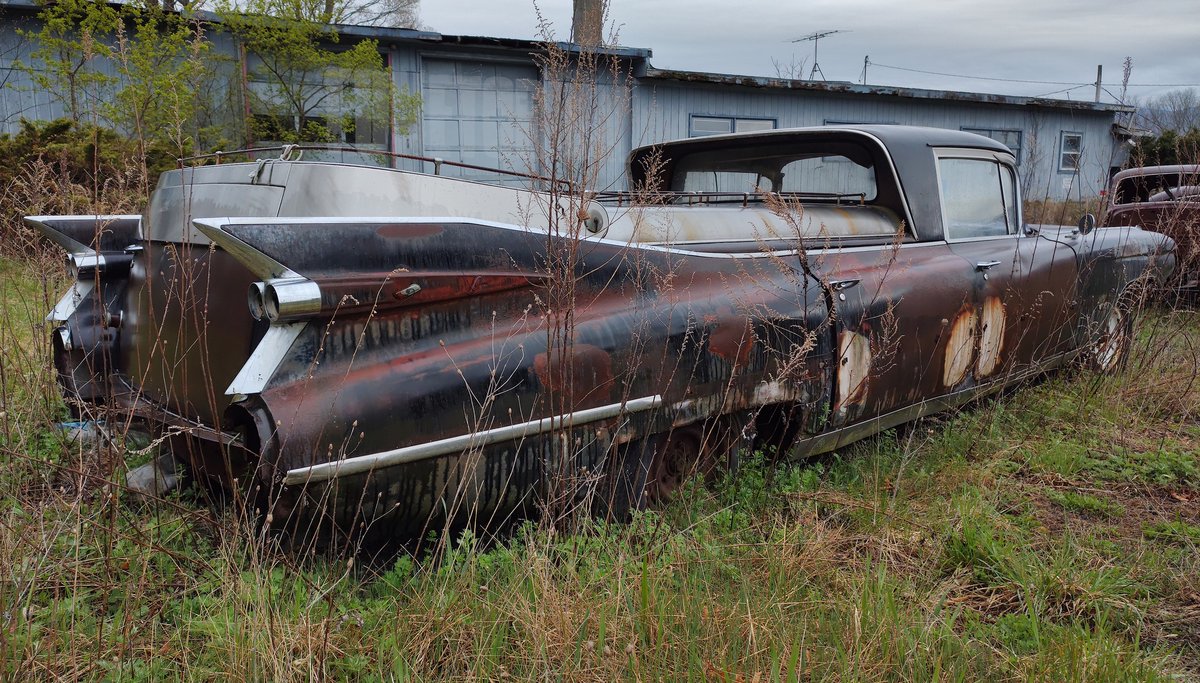 CarManToday's tweet photo. Reclusive black unrestored '59 Miller Meteor flower car. Rarefied air right here as it is the best example of merely 4 known surviving.
#funetorium #funeralfinds #funeralhistory #funeralcoach #vintagecoach #coachbuilt #millermeteor #cadillac #flowercar #procar #grail #offradar https://t.co/I5lnWfRrBu