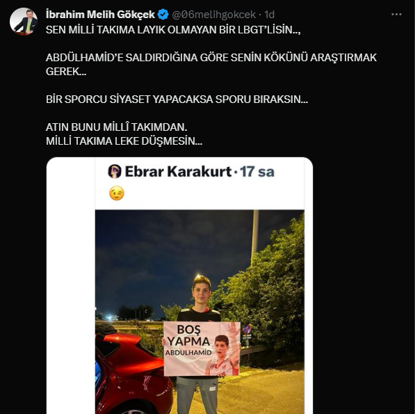 darkwebhaber's tweet photo. Melih Gökçek, Ebrar Karakurt'u hedef aldı:

"Sen milli takıma layık olmayan bir lgbt'lisin. 

Abdülhamid'e saldırdığına göre senin kökünü araştırmak gerek." https://t.co/ODXapJew7e