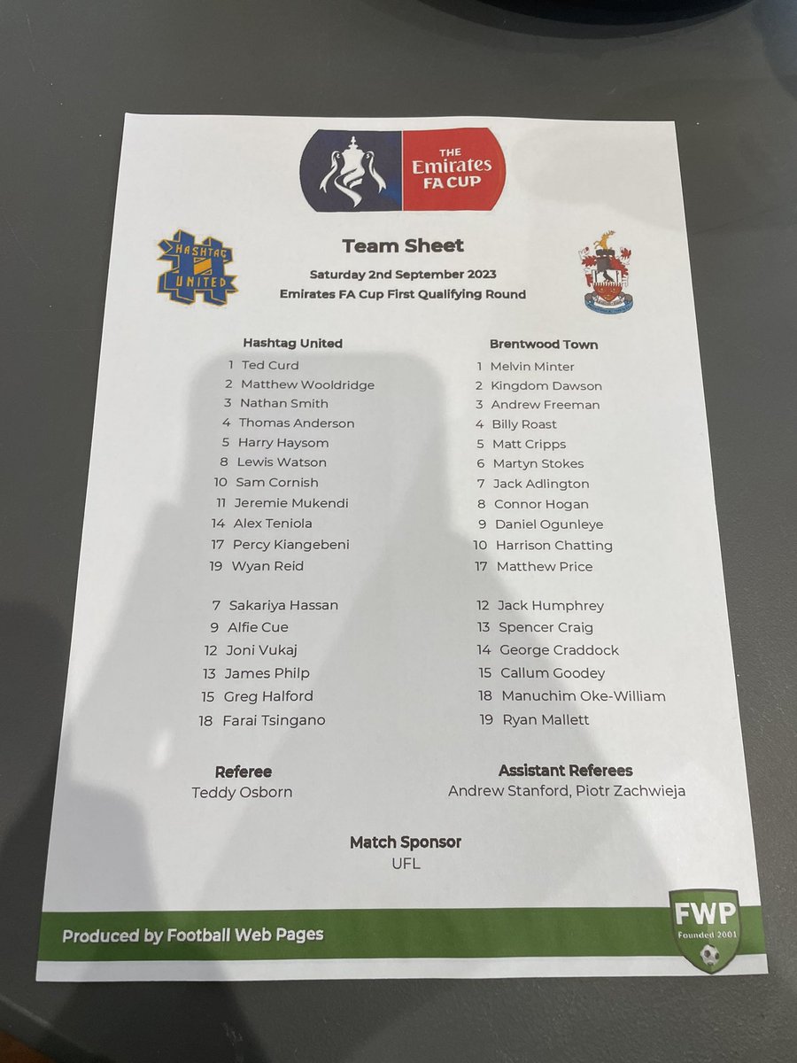 BrentwoodTownFC's tweet image. Todays teams.