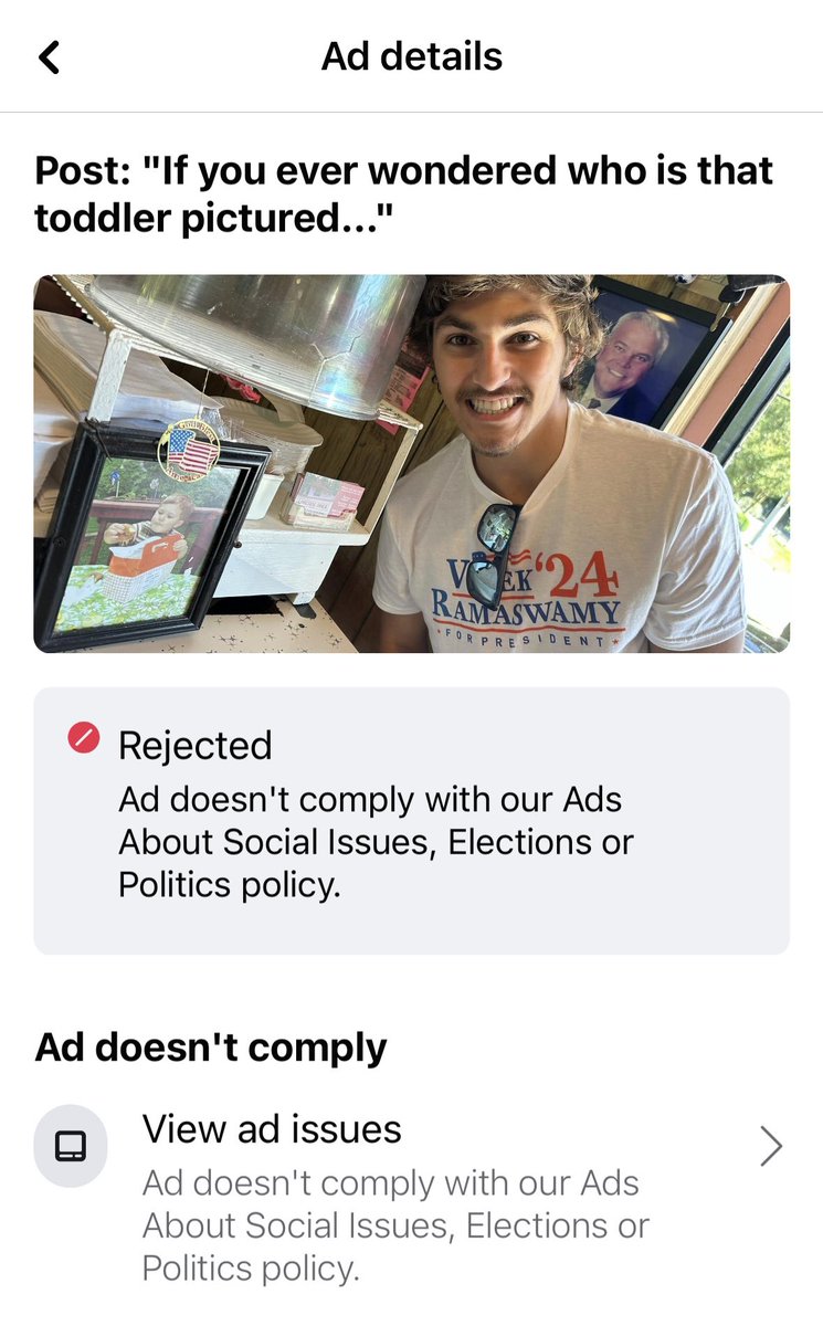 MikeAgs_'s tweet photo. @lakesidediner we love to celebrate our family and guests but FB says I can’t now for political reasons??  Give me a break.
@VivekGRamaswamy https://t.co/oIsZF7tirN