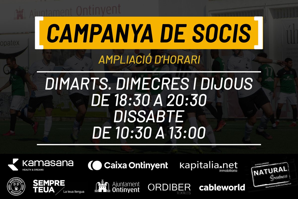📝 #NousHoraris | A una setmana per iniciar la lliga a Soneja, el club decideix ampliar els horaris de retirada de carnets de soci! 
🗓️ Dimarts, dimecres i dijous. 🕡 De 18:30 a 20:30 🕣
🗓️ Dissabtes 🕥 De 10:30 a 13:00 🕐
📍 Oficines de l'Estadi Municipal El Clariano
