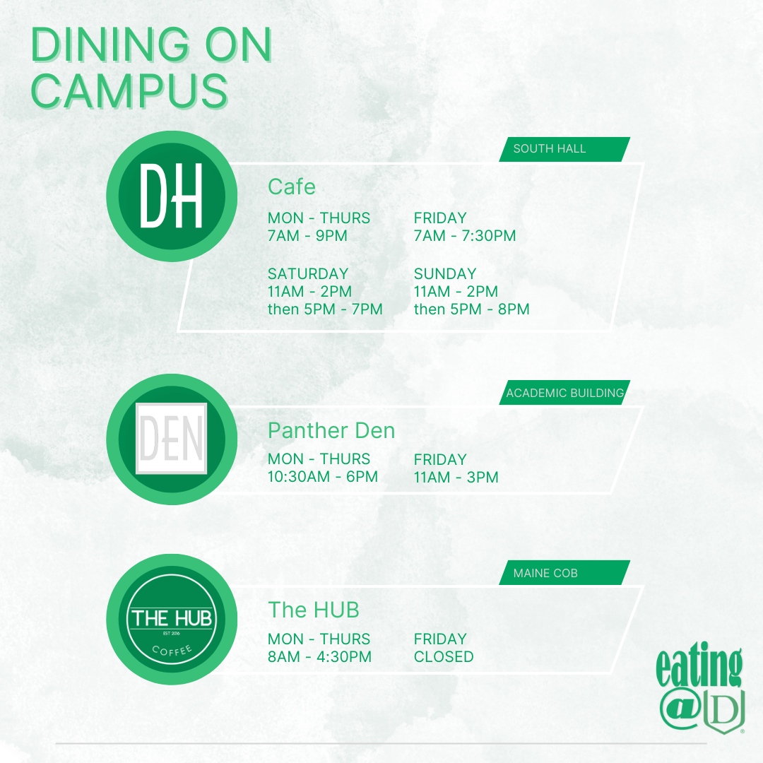 DU_Dining's tweet photo. Our regular hours for the 2023-24 school year start Tues 9/5.  We're excited to see everyone and looking forward to a great year Panthers! https://t.co/mppODgGDh5