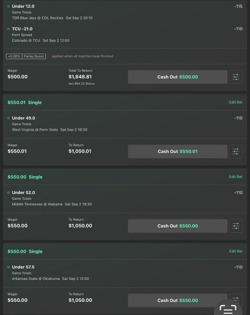 BetsLikeJagger's tweet photo. MLB Picks &amp; NCAAFPicks 09/02 🏈 ⚾️
PARLAY: Blue Jays-Rockies u12/TCU -21 (5U)
WVU-PSU u49
MT-Alabama u52 (5U)
Oklahoma-Arkansas State U57.5(5u)
#GamblingTwitter #SportsBetting #MLBPicks https://t.co/HhoOb4WYuF