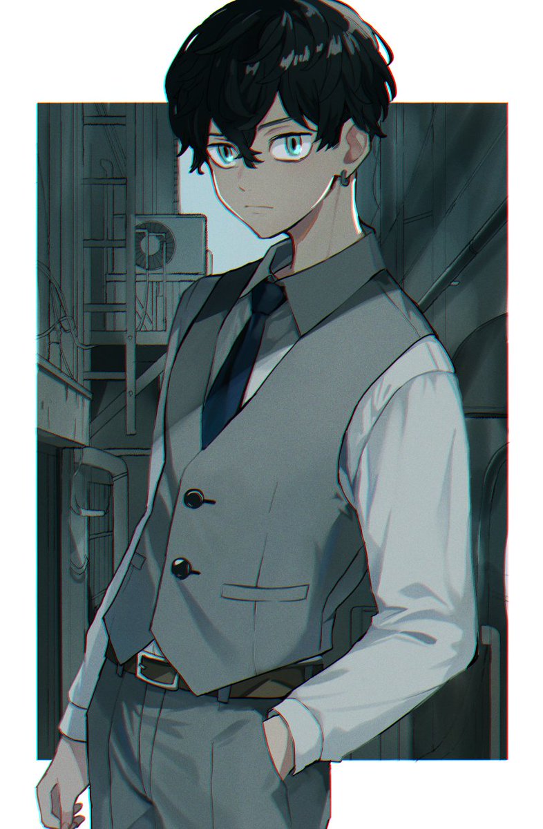 1boy male focus hand in pocket solo necktie black hair pants  illustration images