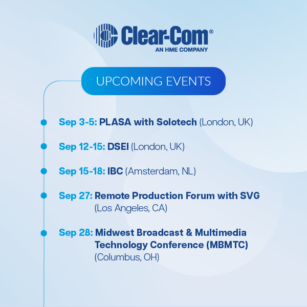 clearcomsystem's tweet photo. Here's what's coming up for Clear-Com in September! Will we see you at any of these shows? 📅

#avtweeps #iSpyClearCom #IBCShow #ProAV https://t.co/lTlXx0Tnuh