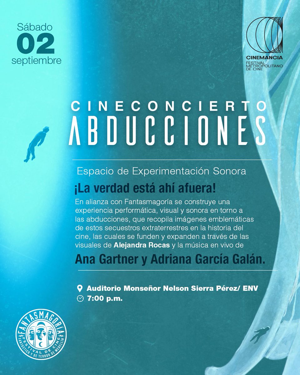No se pierdan hoy este gran espacio de experimentación sonora, en Cinemancia - Festival Metropolitano de Cine. Un espacio que combina las visuales de Alejandra Rocas y la música de Ana Gartner y Adriana García Galán, en torno al tema de las abducciones extraterrestres en el cine.