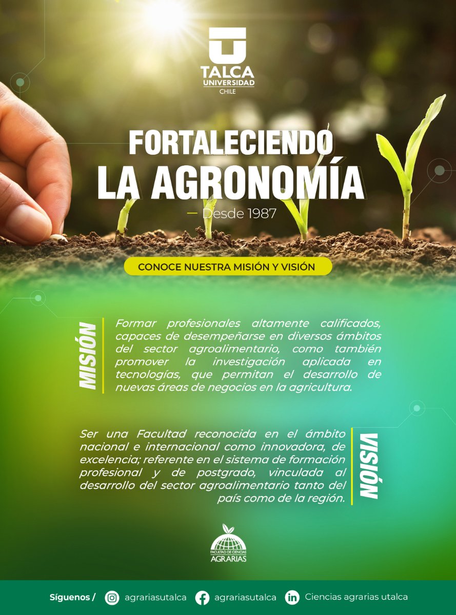 Desde el 29 de julio de 1987, hemos tenido la misión de contribuir al desarrollo de la agricultura nacional, formar profesionales de excelencia y brindar oportunidades a las nuevas generaciones. 🙌

#Fortaleciendolaagronomía
#cultivandolaexcelencia
#UTalca