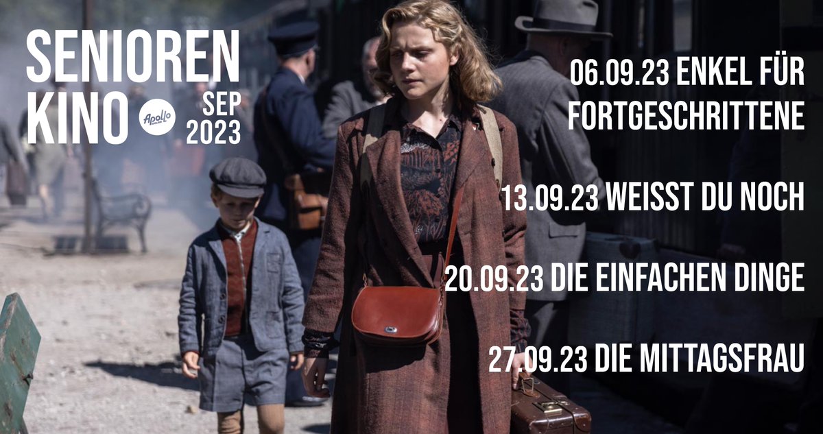 Unsere Filme fürs Seniorenkino im September. 

Jeden Mittwoch ab 14.00 Uhr Kaffee&amp;Kuchen, 15.00 Uhr Film mit Einführung zum FP von 8 EUR.  

Kein Mindestalter – Jeder ist willkommen!  

apollo-aachen.de/kino/sondervor…