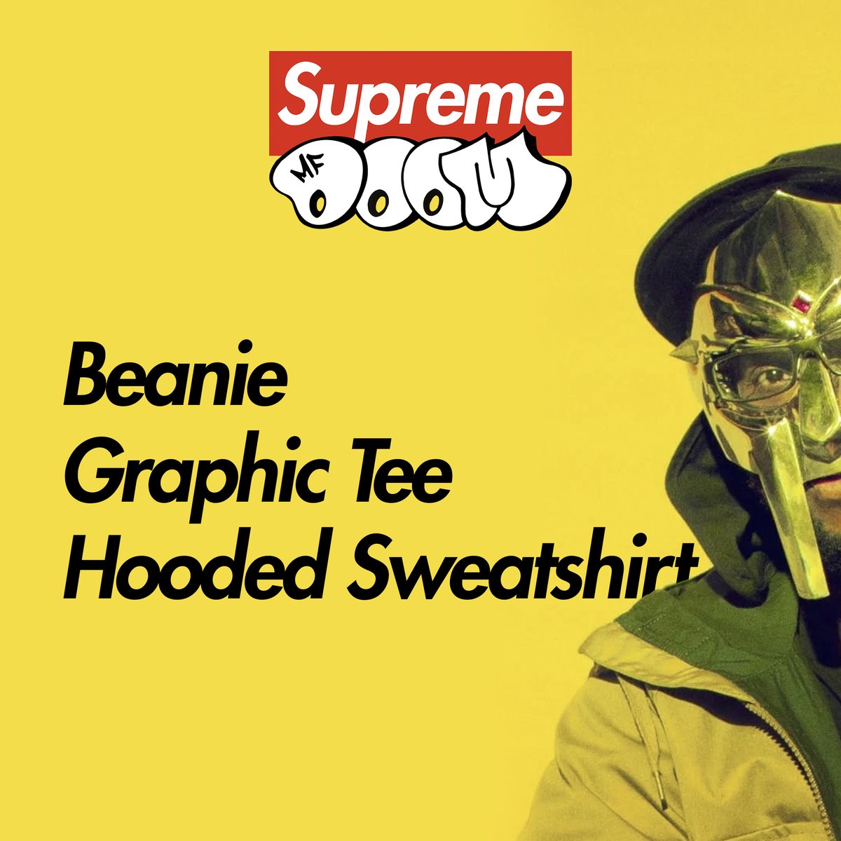 dropsdotgg's tweet photo. Supreme x MF DOOM will be releasing next week, for Week 3 🔥

Only a few items are expected: beanies, t-shirts &amp; hoodies

Stay tuned for official images coming soon 🔜 https://t.co/nmOjb1VgOP