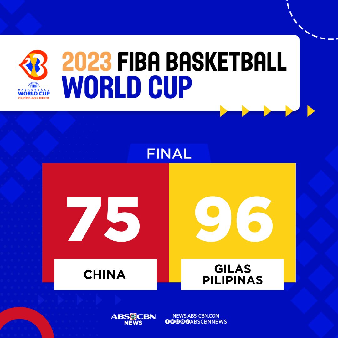 ABSCBNNews's tweet photo. GILAS PILIPINAS, PUSO! ❤️

Gilas Pilipinas shows no mercy in their final match at the FIBA Basketball World Cup and finishes their campaign with a sweet 96-75 victory against China. https://t.co/7TW1hCDurR