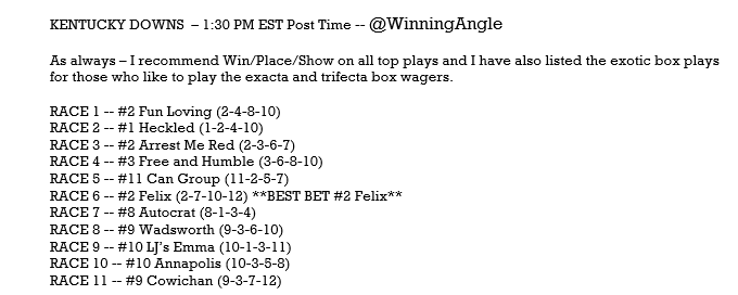 SATURDAY SARATOGA, DEL MAR, &amp; KY DOWNS HORSES - Here are my plays for <a href="/TheNYRA/">NYRA (🗽)</a> <a href="/DelMarRacing/">Del Mar Racetrack</a> <a href="/KYDownsRacing/">Kentucky Downs</a> - Top Plays listed for each race (WPS) along with the exotic box plays for those that like the exacta/trifecta boxes.  Let's enjoy a great day of racing and cash these tix!