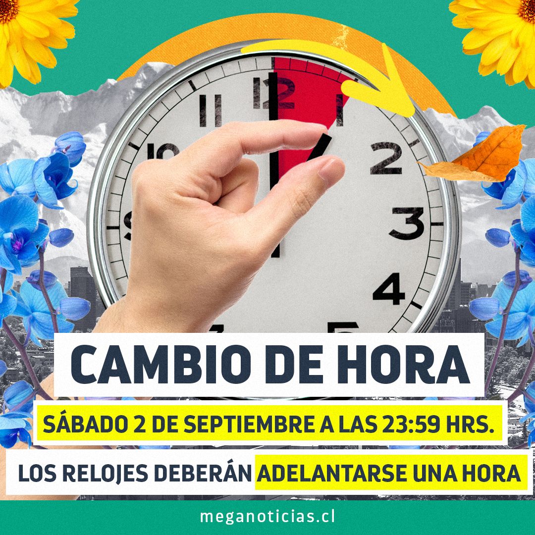 meganoticiascl's tweet photo. Este sábado se deberá realizar el cambio de hora para dar inicio al horario de verano, el que se espera que se mantenga hasta el mes de abril del próximo año 2024. Conoce más detalles aquí: https://t.co/ysiS6exlT8 https://t.co/ZWMjlXXgig