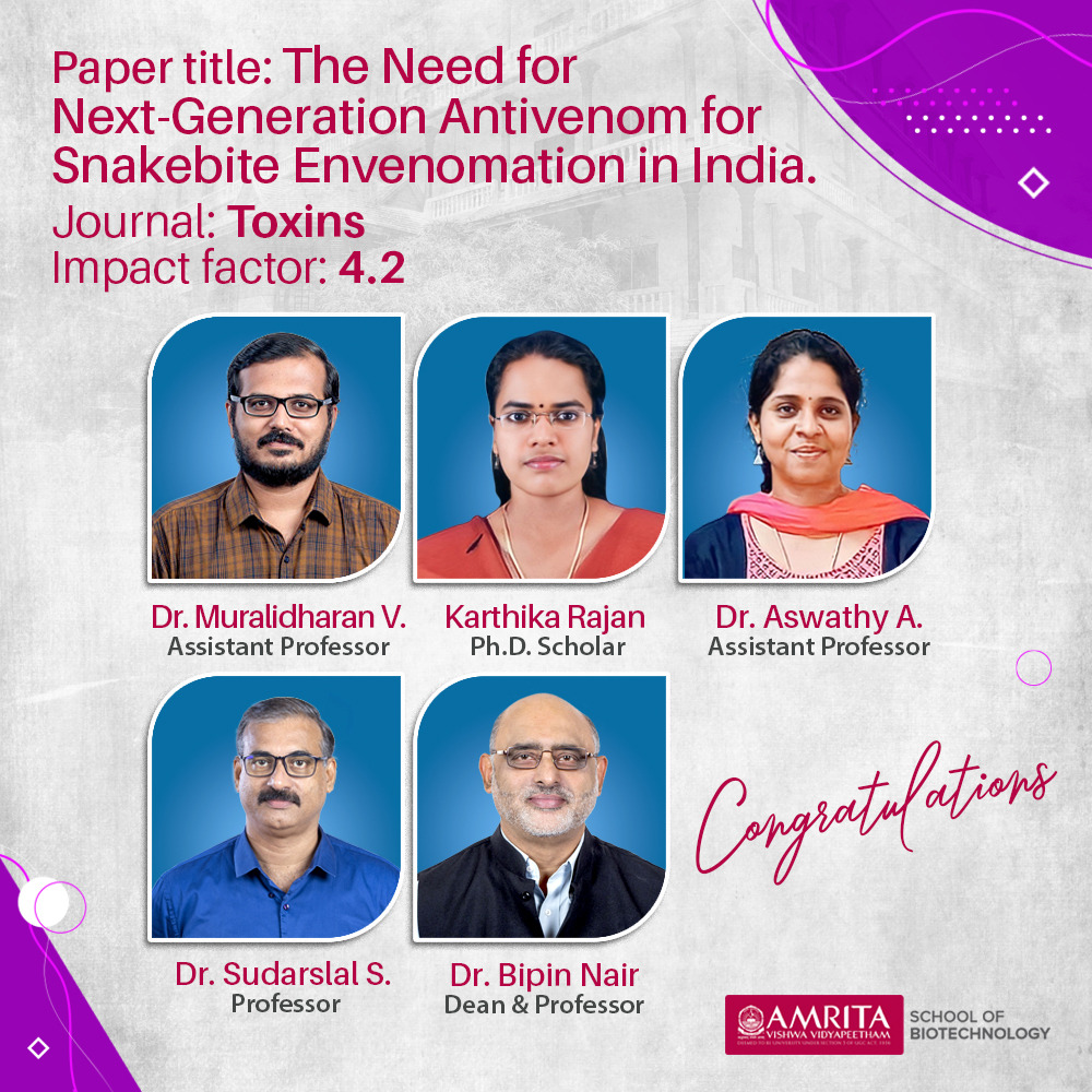 amritabiotech's tweet photo. Congratulations on successfully publishing your review paper, "The Need for Next-Generation Antivenom for Snakebite Envenomation in India"!
Read more: https://t.co/kMq9QCDeWE

#amrita #amritabio #asbt #research #publications #snakevenom #venomics https://t.co/nSY9ZkugDe