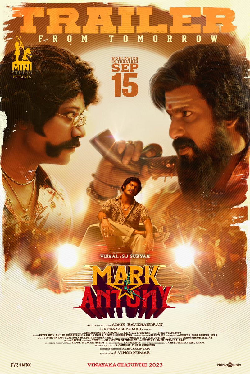 NammaTimepass's tweet photo. How excited are you to witness #MarkAntony Trailer tomorrow?! 😎

#MarkAntonyTrailerFromTomorrow
#BlockBusterLoading
#MarkAntonyFromSep15 

A @gvprakash massacre 

@VishalKOfficial @iam_SJSuryah 
@vinod_offl @Adhikravi @riturv 
@selvaraghavan https://t.co/PkzOTuzjVp