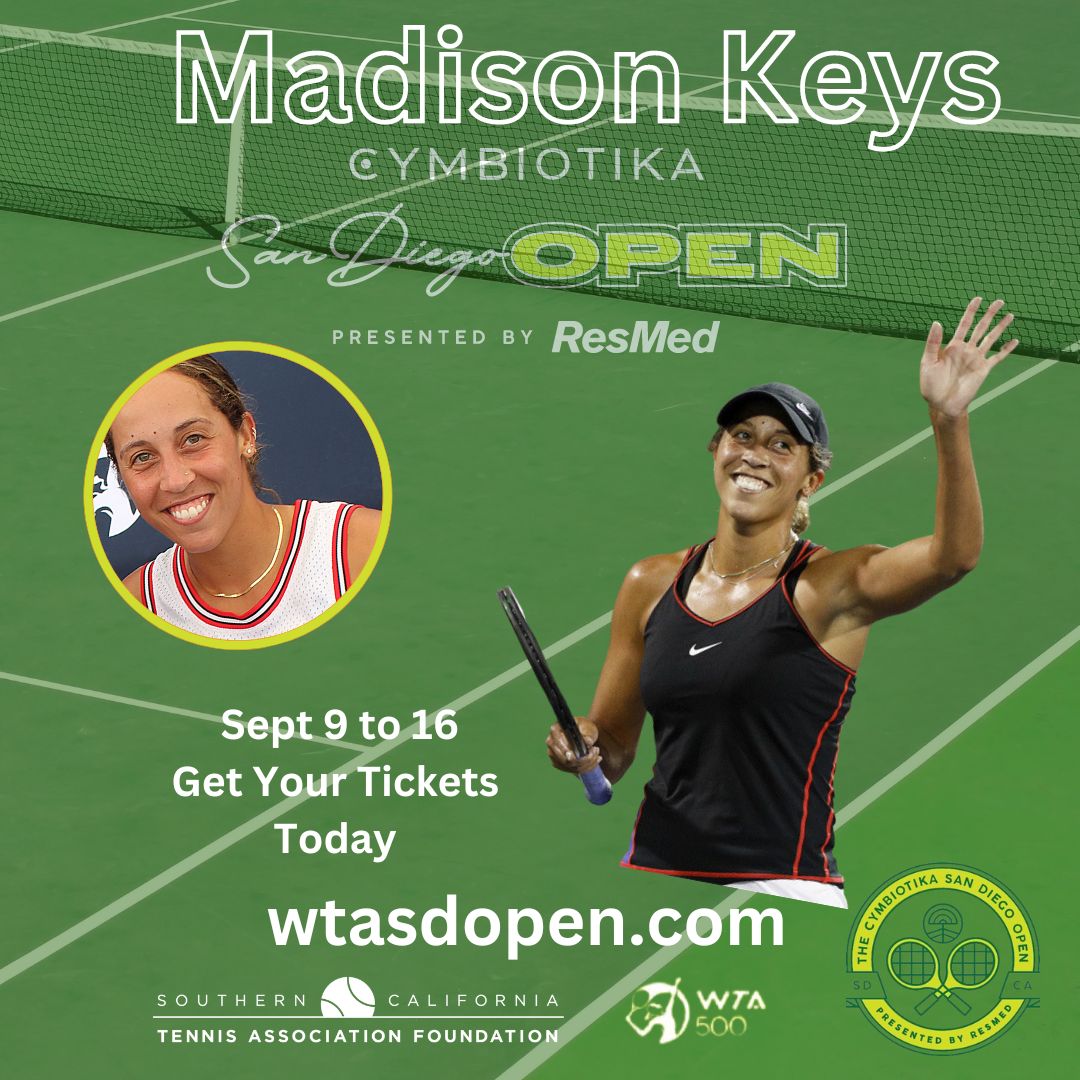 More great tennis to watch when <a href="/MadisonKeys/">Madison Keys</a> plays in the Cymbiotika <a href="/SanDiegoOpen/">Better Buzz Coffee San Diego Open</a> <a href="/WTA/">wta</a> 500 Presented by ResMed. Tickets are available at wtasdop.com for the exciting pro action from Sept 9 to 16. The <a href="/SCTAFoundation/">socaltennisassociationfoundation</a> is a proud sponsor of this event. #sctafoundation