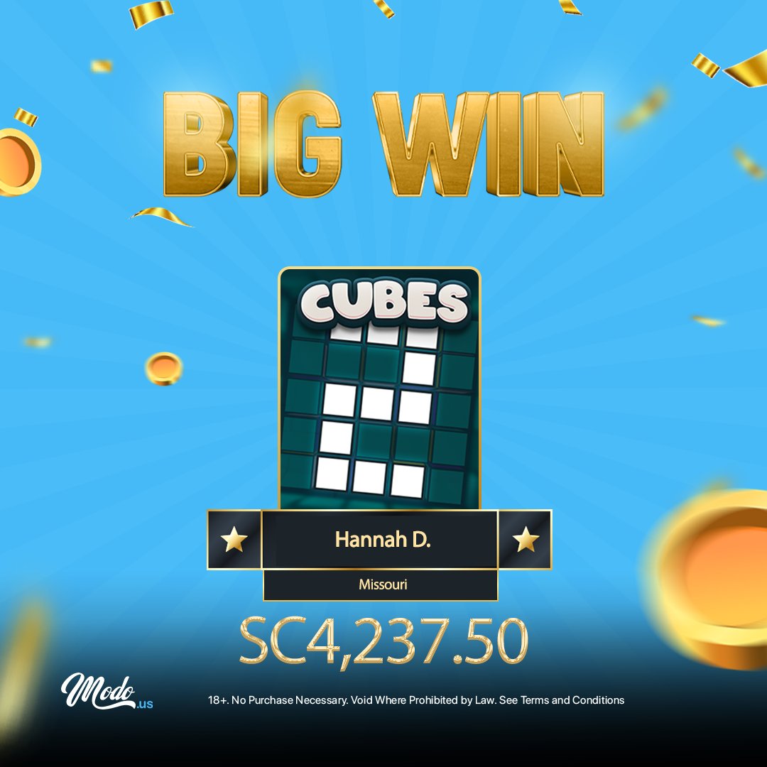modo_casino's tweet photo. Big Winner Spotlight: Congrats to Hannah D. from Missouri, who hit BIG with Cubes 2 by Hacksaw! Your win of 4,237.50 SC has us all fired up! πππ₯
Play now at https://t.co/3UWyexG2U3 and chase your own BIG win!
#Modous #BigWinner #Cubes2 #ModoCasino https://t.co/U3C50edTP6