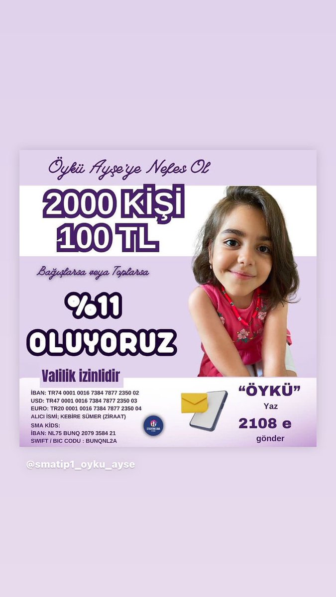 Öykü için destek bekliyoruz…. Öyküyü yalnız bırakmayın !!! 200 kişinin 100 ₺ % 11 oluyoruz.. 👇👇 TR74 0001 0016 7384 7877 2350 02 ALICI: KEBİRE SÜMER B‌ANKA : ZİRAAT AÇIKLAMA : ÖYKÜ #öykümyürüsün @oykuaysenefesol