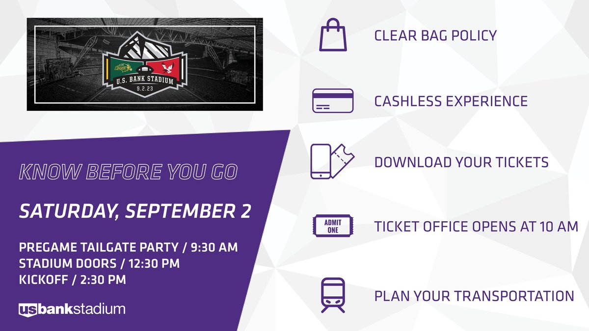 🏈 GAME DAY REMINDERS 🏈 Please review everything you need to know before you go to the NDSU Bison v. EWU Eagles game today! Tickets are still available. The U.S. Bank Stadium Ticket Office opens at 10 am. More info: bit.ly/3DqpwYf