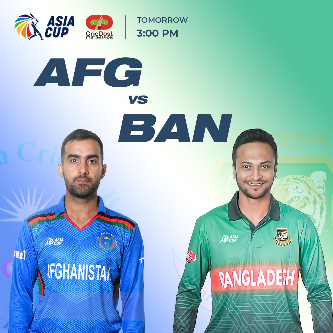 cricdost's tweet photo. 🏏 Asia Cup Showdown: Bangladesh 🇧🇩 vs. Afghanistan 🇦🇫 - Clash of Cricket Titans! 🌟 Who will emerge victorious in this battle of the best? 🏆 Don't miss the action! 🔥 #AsiaCup23 #PAKvIND #banvafg https://t.co/kvFD8GscuL