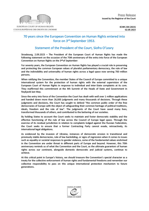 70 years since the European Convention on Human Rights entered into force on 3rd September 1953. Statement of the President of the Court, Síofra O’Leary
hudoc.echr.coe.int/eng-press?i=00…
#ECHR #CEDH #ECHRpress