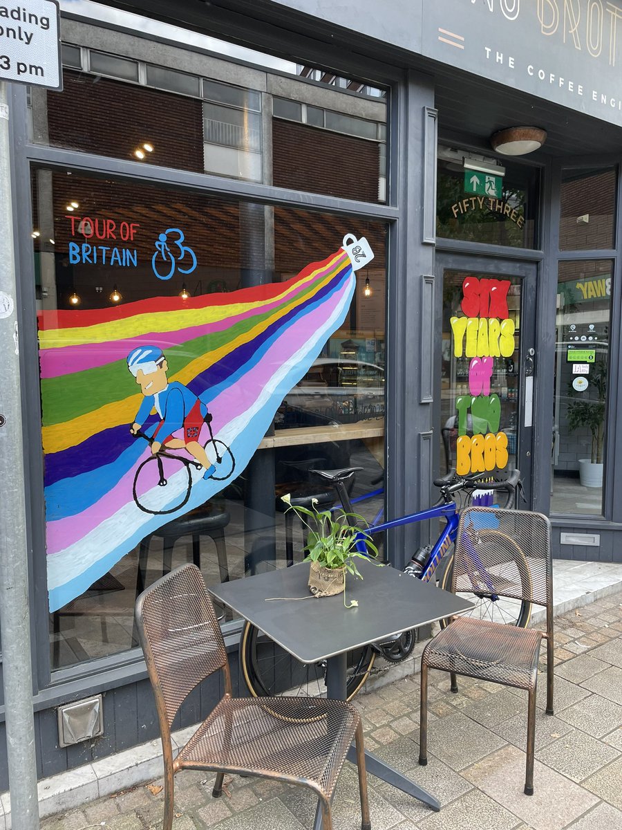 Kudos to <a href="/2BTwoBrothers/">Two Brothers Coffee</a> in Altrincham on the <a href="/TourofBritain/">Lloyds Tour of Britain</a> window art.