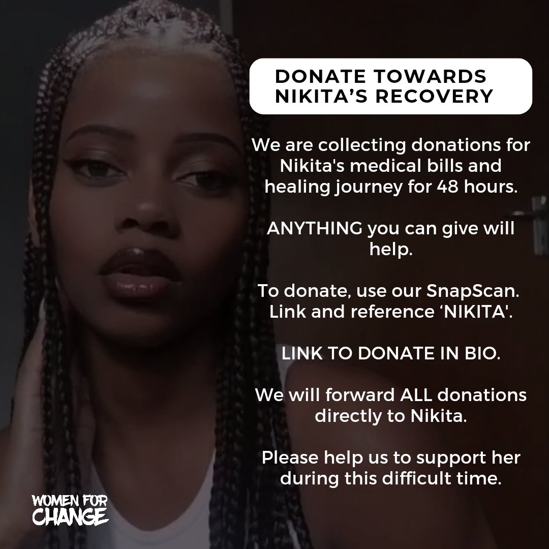 womenforchange5's tweet photo. We are collecting donations for Nikita's medical recovery. 
Donate here: https://t.co/XDLMYT11Ip

We have raised R2000 so far 🙏

Nikita Kalubi, 25, was brutally attacked with a brick after she rejected a man’s advances in Khayelitsha on 26 August. #justicefornikita https://t.co/wfAcgI4C0G