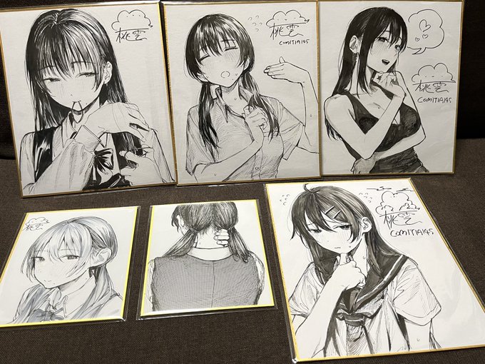 昨日描いた色紙です。明日のコミティアに持って行きます。画像の他にまだ2枚ほどあります。よろしくお願いします。 