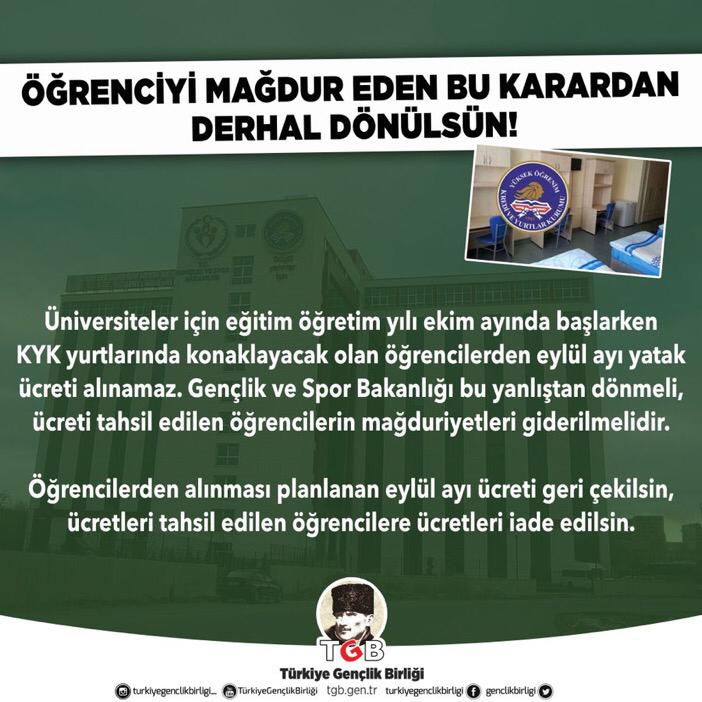 ulusalkanal's tweet photo. KYK’nın öğrencilerin henüz konaklamaya başlamadığı Eylül ayı için de yurt ücreti aldığı ortaya çıktı!

Sosyal medyada binlerce genç Gençlik ve Spor Bakanlığına tepki gösterdi.

TGB: Kalınmayan yurttan yatak ücreti alınamaz. Eylül ayı ücreti geri çekilsin, alınan ücretler iade edilsin! @genclikbirligi  @gencliksporbak