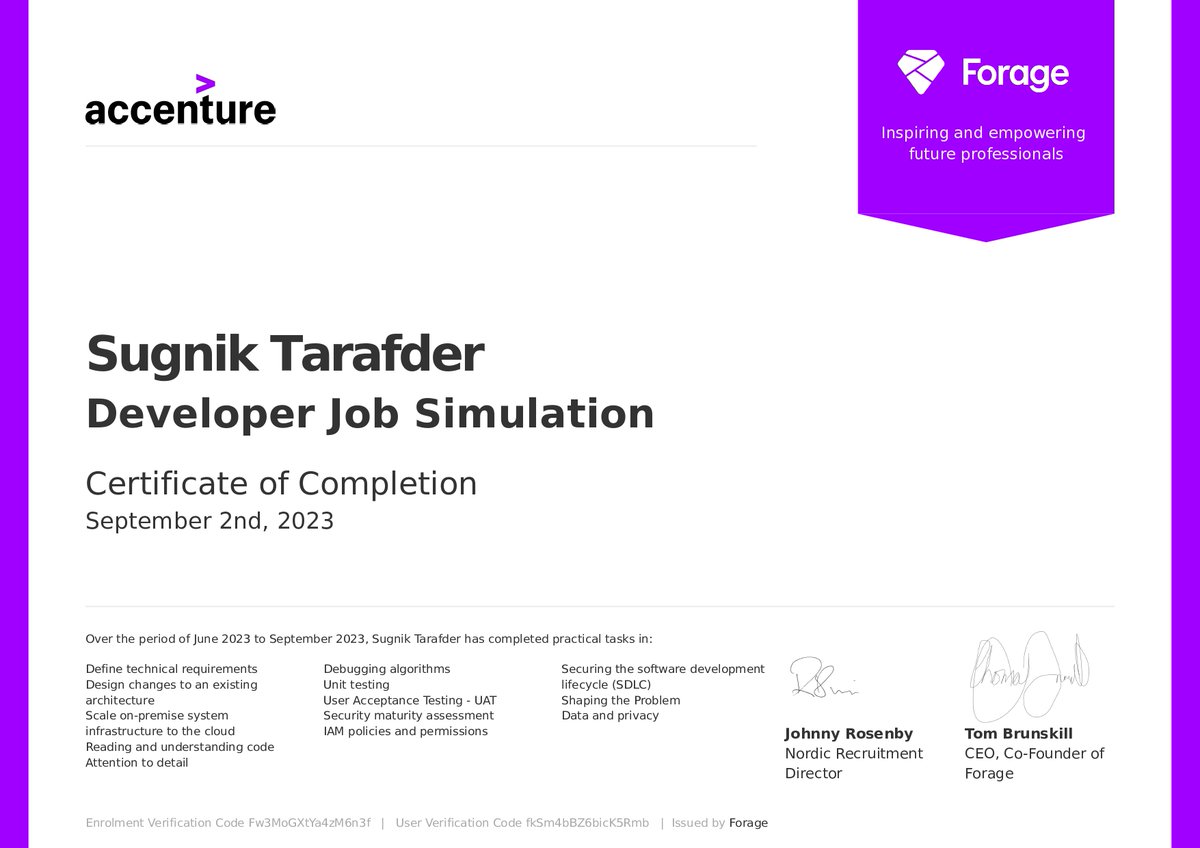I am thrilled to announce that I have successfully completed the Forage Accenture Developer Certificate! 🎉
This journey has been a remarkable learning experience. I want to express my gratitude to Forage and Accenture for offering this fantastic program.