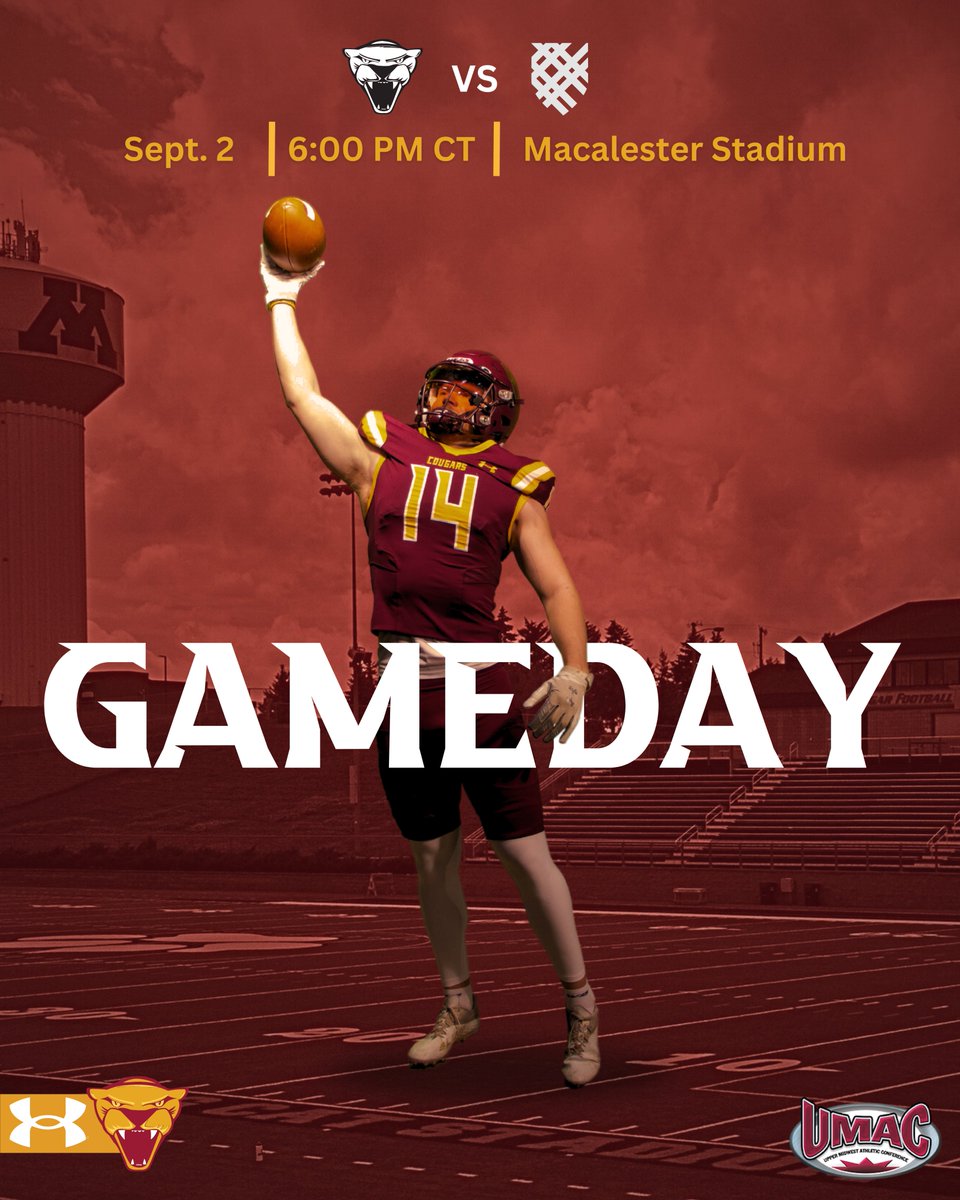 🏈 G A M E D A Y 🏈
Season Opener 〽️

🆚 Macalester College
⏰ 6:00 pm
📍Saint Paul, MN
🏟 Macalester Stadium
📺 miacsportsnetwork.com/macalester/?B=…

#TEAM #RollCougs🐾