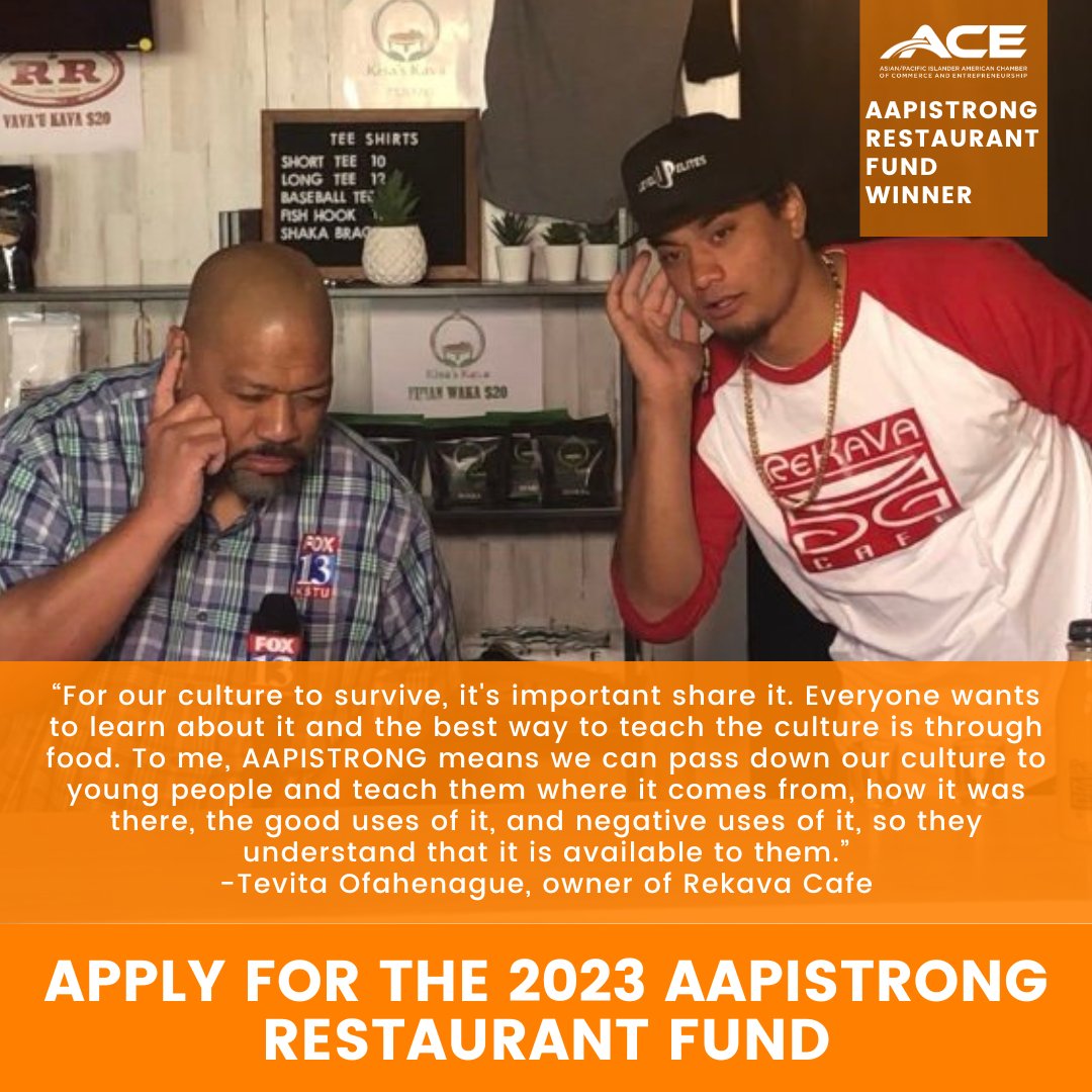 NationalACE's tweet image. Tevita Ofahenague won the #AAPISTRONG Restaurant Fund in 2021. Applications for the 2023 AAPISTRONG Restaurant Fund are open until September 4th. Apply now via AAPISTRONG.COM - it takes less than 15 minutes

#grant #restaurantowner #AAPI #smallbizowner #smallbusiness