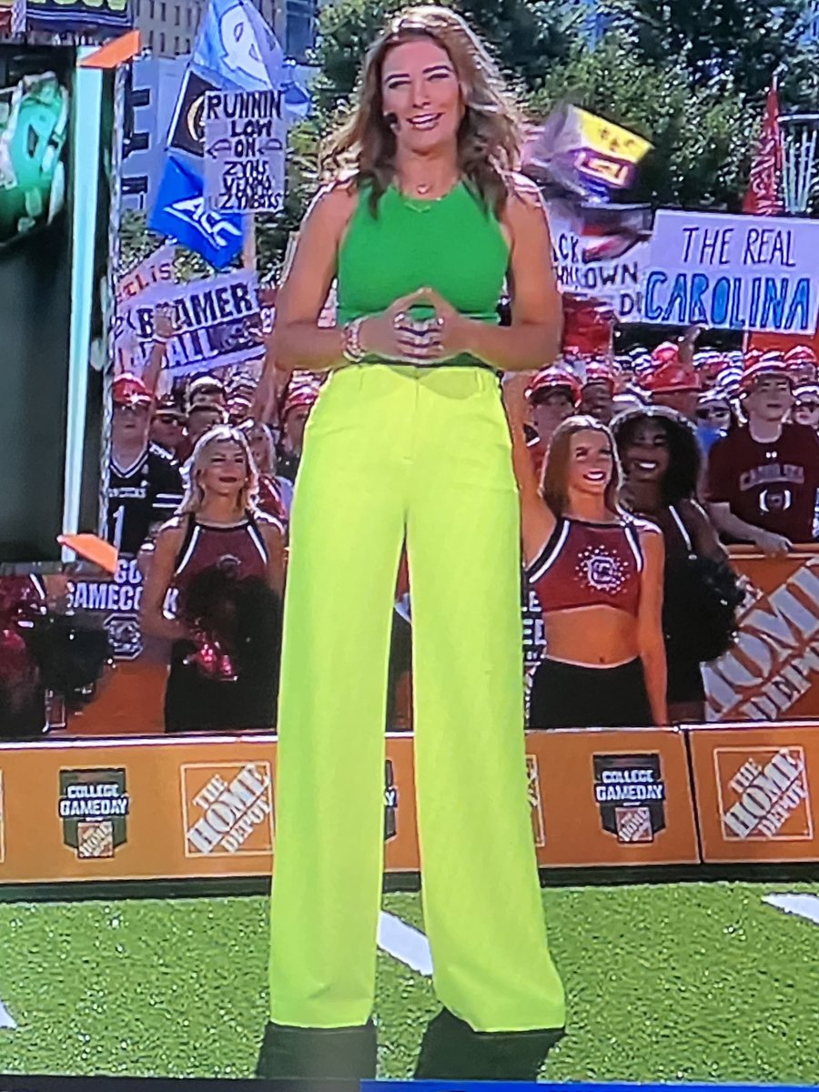 Don’t get me wrong, she’s super attractive. But is this a good look? I’m a guy I have trouble matching colors, I don’t confess to know fashion but there’s no way this matches? Seriously? Also, the bottom hiding her shoes? Someone tell me. #fashion @espn #GameDay…