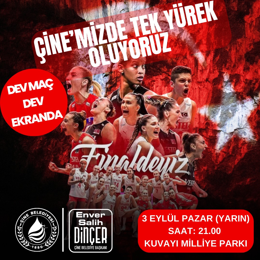 BelediyeCine's tweet photo. DEV MAÇ DEV EKRANDA 🇹🇷

HAYDİ ÇİNE BU COŞKUYA SEN DE ORTAK OL 

A Milli Kadın Voleybol Takımımızın 2023 CEV Avrupa Voleybol Şampiyonası’nda Sırbistan Milli Takımıyla oynayacağı final maçını Kuvayı Milliye Parkı’mızda birlikte izleyelim.

Tüm halkımızı bekliyoruz. https://t.co/oDZLKqqH4n