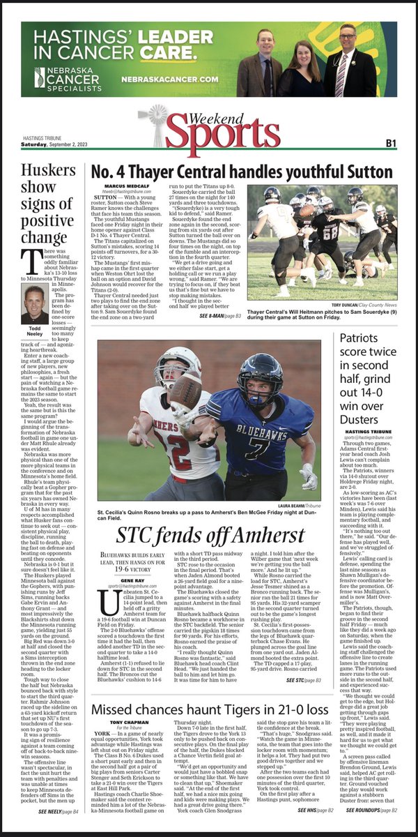 Pretty good Saturday <a href="/TriblandSports/">TriblandSports</a> front page and section this morning. #Husker column from <a href="/DTNeeley/">🇹​​🇴​​🇩​​🇩​ ​🇳​​🇪​​🇪​​🇱​​🇪​​🇾​</a>; Class B football from <a href="/tony_chapman76/">Tony Chapman</a> &amp; more #nebpreps