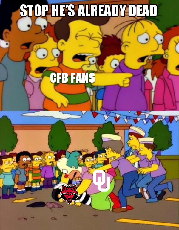 CFB fans after watching Oklahoma beat Arkansas St 73-0 😵🙈