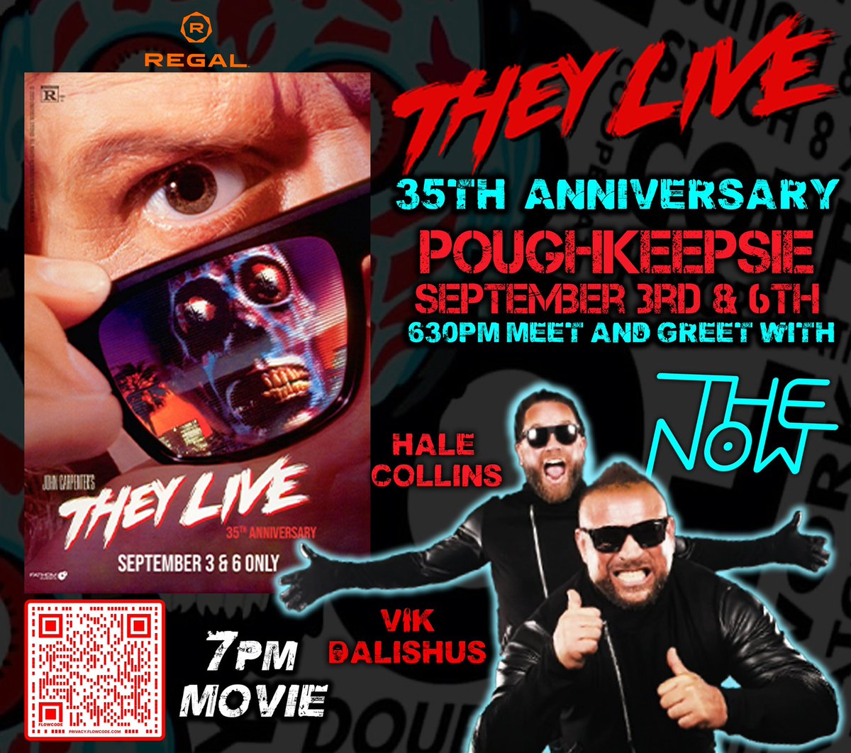 ThenowVik's tweet photo. This Sunday night at @regalcinemagroup @RegalMovies Poughkeepsie, NY!!! @Hale_Collins and I put the glasses ON, and celebrate this iconic film together with YOU! #canyousee #liveintheNOW #Movie #theylive #live #signing #prowrestling #now https://t.co/ayrgdWMqYm