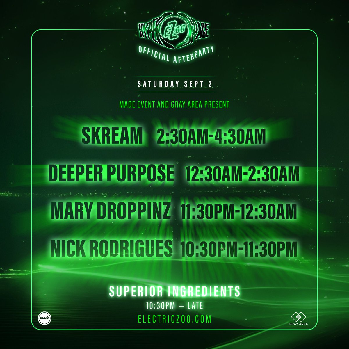 Tonight, @I_Skream x @DeeperPurpose92 takes place at Superior Ingredients with @MaryDroppinz & Nick Rodrigues 🔥 Doors open at 10:30pm. Get your afterparty ticket now → dice.fm/event/l55dx