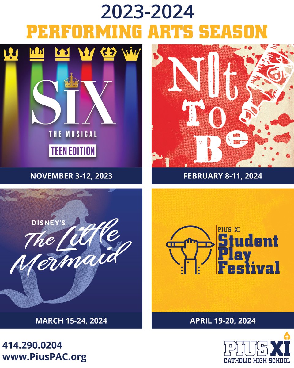 PiusPAC's tweet photo. We're so thrilled to announce our 2023-2024 season of plays and musicals presented by @PiusXIHigh students! Learn more and buy tickets at https://t.co/rwz9cloIZh. https://t.co/DuUHu1Wguc