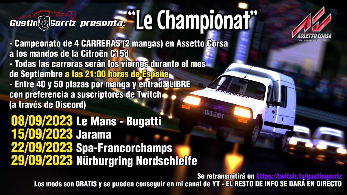 Gustingorriz's tweet photo. Vamos a darle alcance:

Estoy montando un campeonato monomarca con la Citroën #C15 durante el mes de Septiembre en #Assetto, igual que la carrera de Junio que fue ESPECTACULAR.

Pido RTs y DIFUSIÓN por tooooda la comunidad de #Simracing española, para que la C15 haga muchos Kms: https://t.co/SAwOX4OSrh