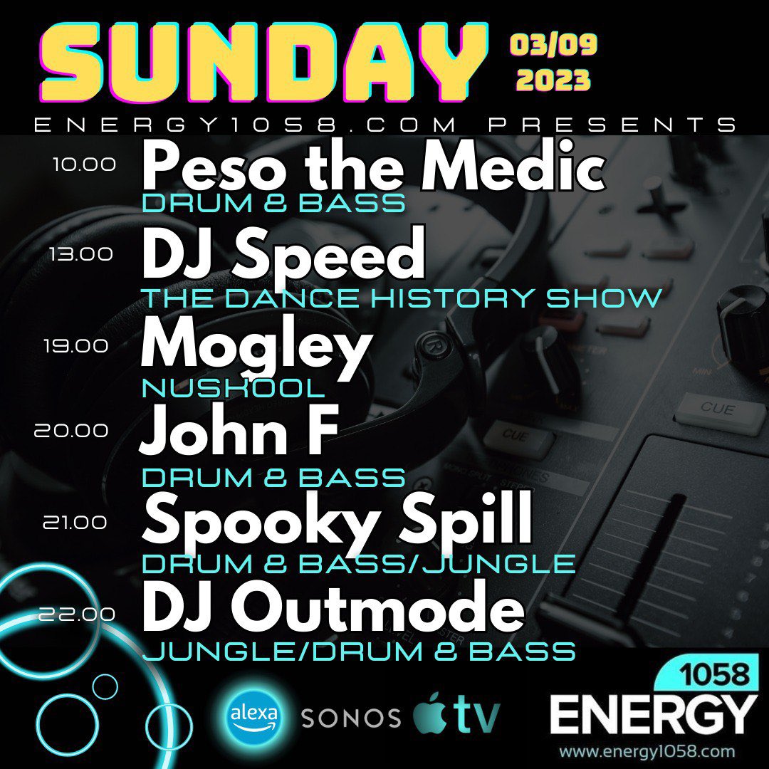 Sundays lineup looking as good as always on the <a href="/energy1058/">ENERGY1058 ▶️</a> airwaves… I will be playing an hour of classic dnb from 8pm 😎👌💥💥💥