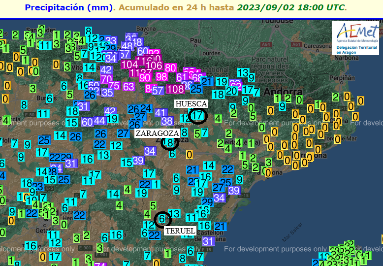 AEMET_Aragon's tweet photo. PCP 🌧️en 24 h hasta 18 UTC (20 HL) del 02/09/23  @AEMET_Esp @saihebrocpc y ranking total y máx en 10 min @AEMET_Aragon ⬆️100 mm norte #Navarra y #Huesca con carácter "torrencial" por diezminutal #Bailo #Canfranc #Astún (Huesca) #CastejóndeValdejasa #LaAlmuniadeDªGodina (Zaragoza) https://t.co/0eKDLBeDeY