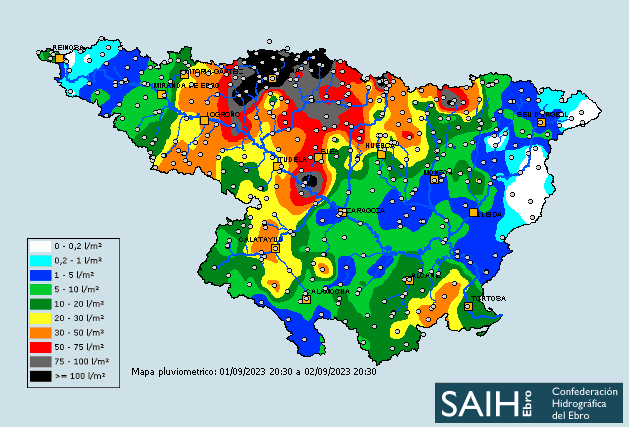 AEMET_Aragon's tweet photo. PCP 🌧️en 24 h hasta 18 UTC (20 HL) del 02/09/23  @AEMET_Esp @saihebrocpc y ranking total y máx en 10 min @AEMET_Aragon ⬆️100 mm norte #Navarra y #Huesca con carácter "torrencial" por diezminutal #Bailo #Canfranc #Astún (Huesca) #CastejóndeValdejasa #LaAlmuniadeDªGodina (Zaragoza) https://t.co/0eKDLBeDeY