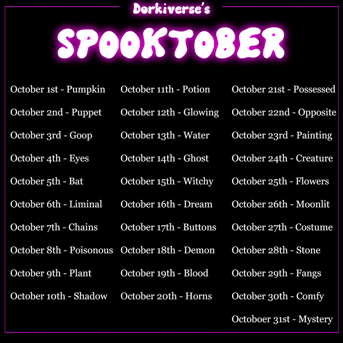 Dorkiiverse's tweet photo. If you guys are interested, I made some October art prompts https://t.co/T5Fg93hN7k