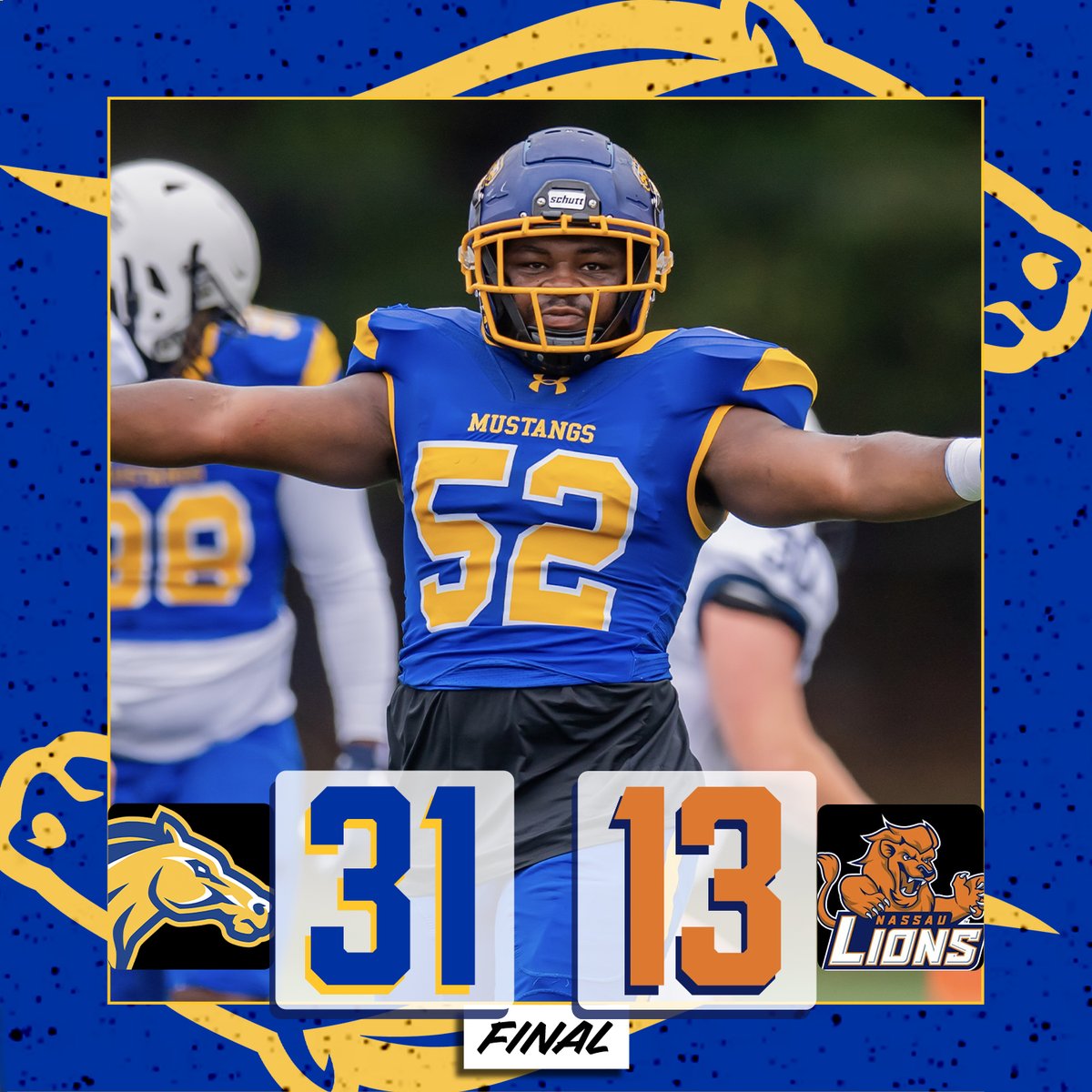 𝙏𝙝𝙖𝙩 1️⃣-0️⃣ 𝙛𝙚𝙚𝙡𝙞𝙣𝙜! The @mjcmustangs take a quick lead and never look back in a 31-13 season-opening victory at D3 #5 Nassau! Boothe throws a pair of TDs, McDuffie and Alia each rush one in, and the defense gets the job done! #GoHereGrowHere @NJCAAFootball
