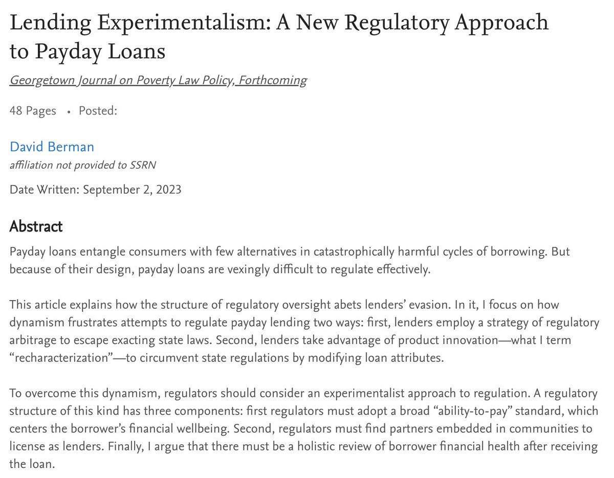 DavidMBerman113's tweet image. Very proud to share that my article, "Lending Experimentalism: A New Regulatory Approach to Payday Loans" has been accepted for publication by the Georgetown Journal of Poverty Law &amp;amp; Policy in 2024! papers.ssrn.com/sol3/papers.cf…