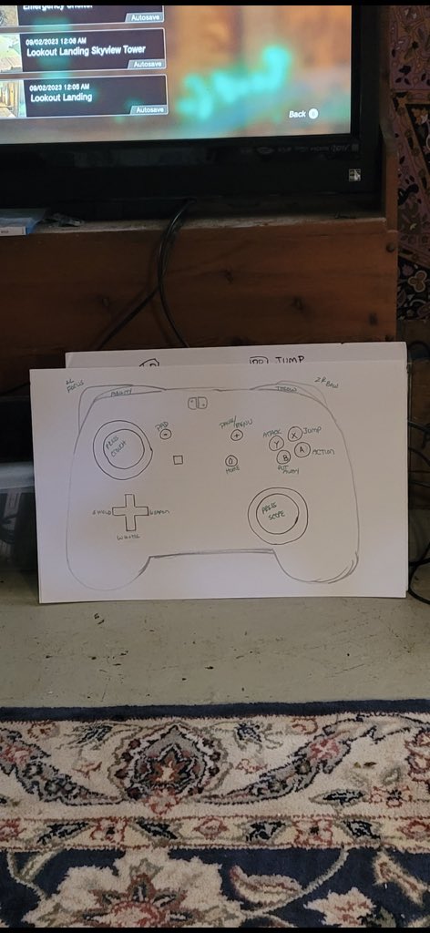 Our mom just started playing #TearsoftheKingdom and this is her controller guide. It is a white board that sits right under that TV so she knows what to press while playing. 

<a href="/NintendoAmerica/">Nintendo of America</a> 

I think the one behind it is for Watchdogs 2 which she just finished.