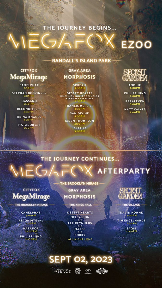 Your MEGAFOX journey begins now at @ElectricZooNY by day at the MegaMirage, Morphosis, & Secret Garden. Then continue your journey at The Brooklyn Mirage, The Kings Hall, & The Village from 11pm. Be a part of the full experience, grab your ticket → avant-gardner.com/MEGAFOX