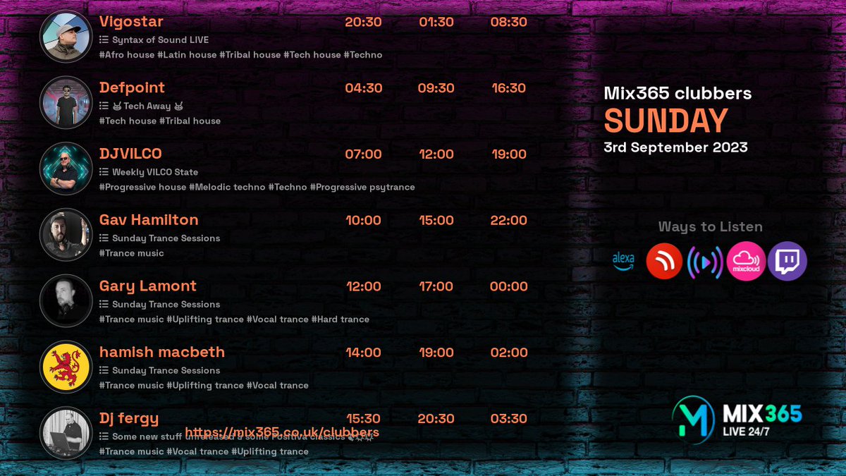Mix365R's tweet photo. Tomorrows line up starting with vigostar, Sunday 3rd September 2023. Catch the live streams at https://t.co/Sr8yYnDOqt

01:30 - vigostar

09:30 - defpoint

12:00 - djvilco

15:00 - gav hamilton

17:00 - gary lamont

19:00 - hamish macbeth

20:30 - dj fergy

#Afrohouse #Latinhouse https://t.co/LGQfwksDPg