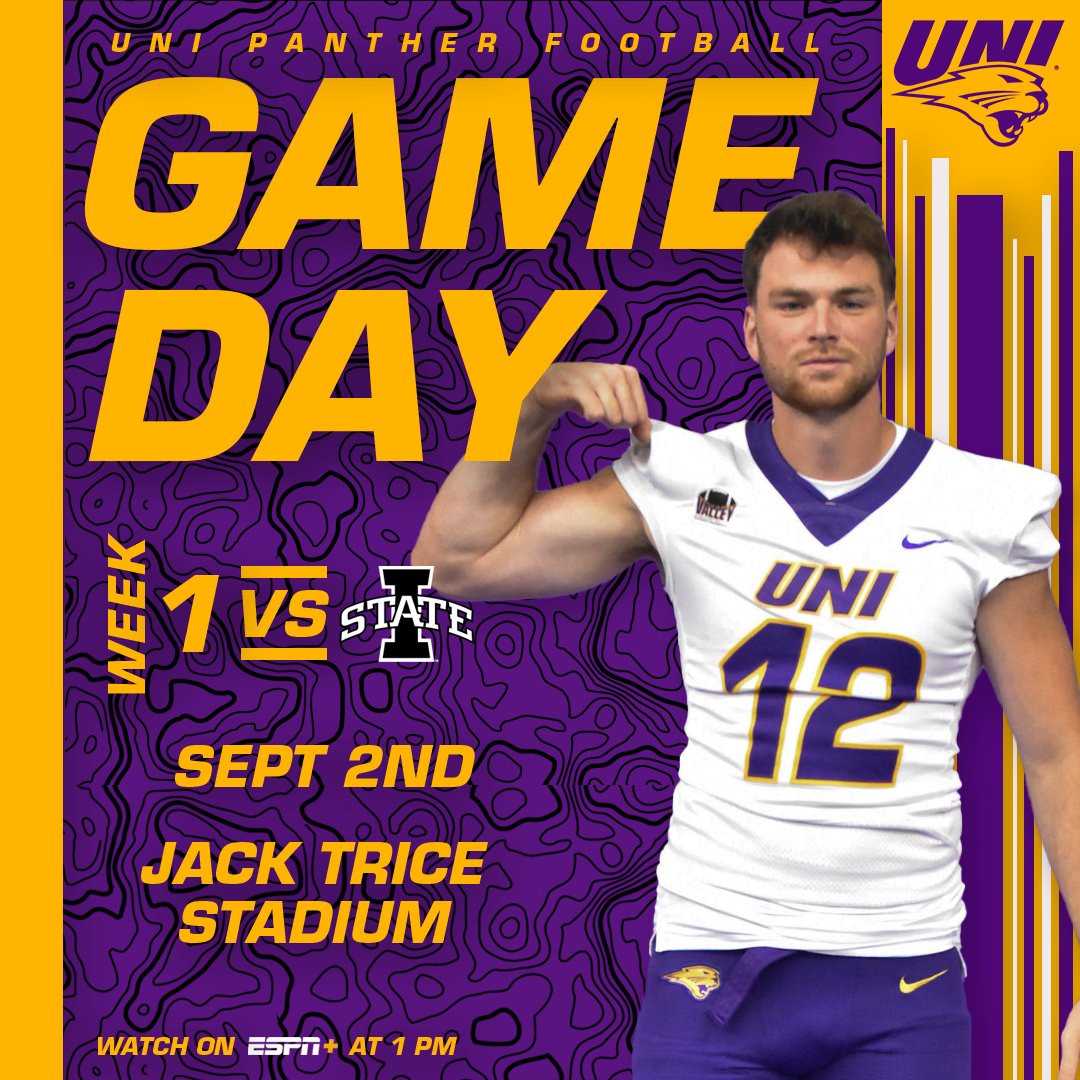 UNIFootball's tweet photo. 𝐅𝐎𝐎𝐓𝐁𝐀𝐋𝐋'𝐒 𝐁𝐀𝐂𝐊! 𝐈𝐓'𝐒 𝐆𝐀𝐌𝐄𝐃𝐀𝐘!!!

🆚: Iowa State
📍: Ames, Iowa
🏟️: Jack Trice Stadium
⏰: 1 p.m. CT
📺: https://t.co/5EtcU48ilb
📻: https://t.co/hWU2VXJaga
📊: https://t.co/di4ffhqZ2g

#EverLoyal #UNIFB125 #1UNI https://t.co/PioNFtvI86