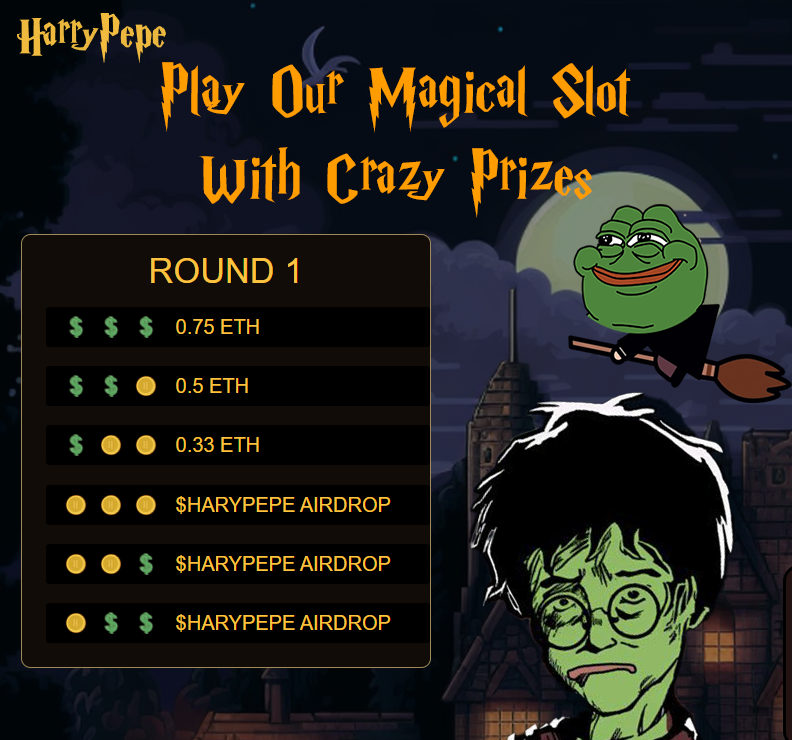 harrypepeclub's tweet image. 🔮Wizards, witches and meme lovers we arrived!

🌟For a glimpse of this magical journey, we host a PRE-LAUNCH giveaway &amp;amp; let you win some early prizes on our Magical Slots on harrypepe.club

🧙‍♂️How to win $HARYPEPE? Just Follow us, like, comment and retweet this post 🪄